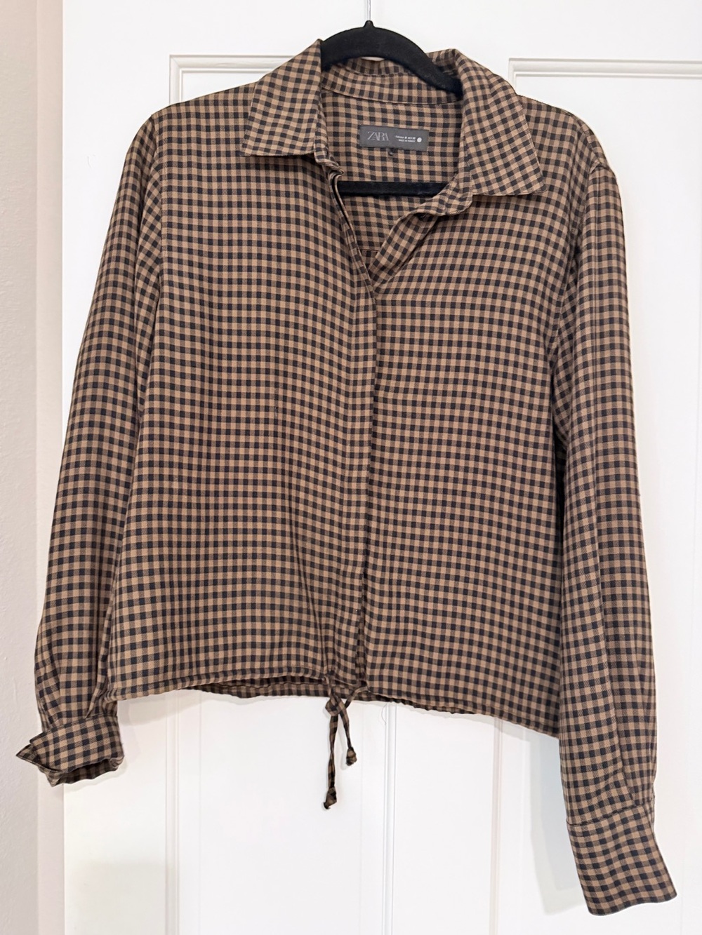 Zara Brown and Black Gingham front tie Button-Down Shirt